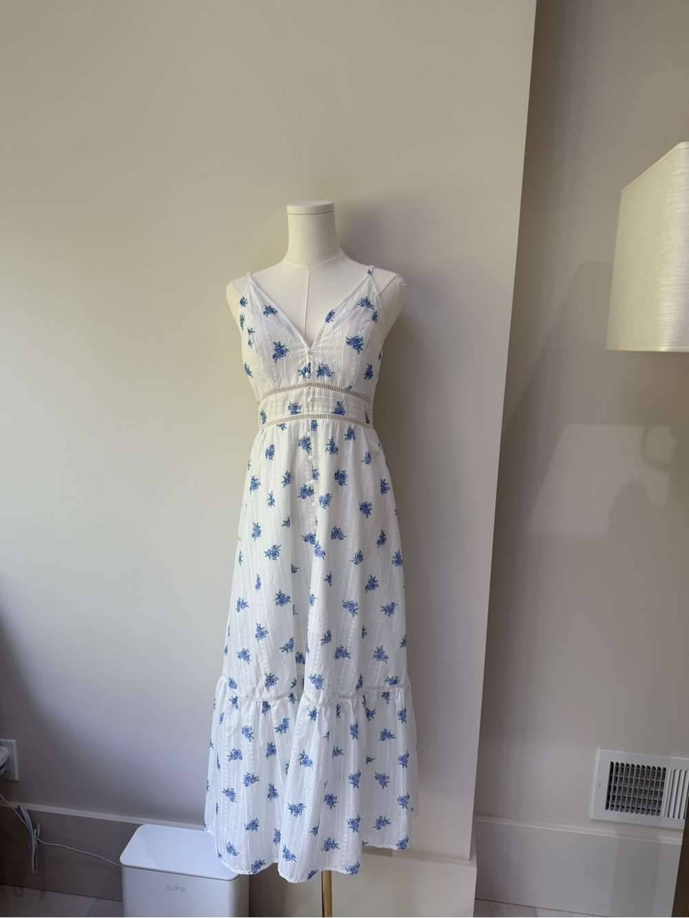 Simplee Apparel White Maxi Dress with Blue Floral Embroidery